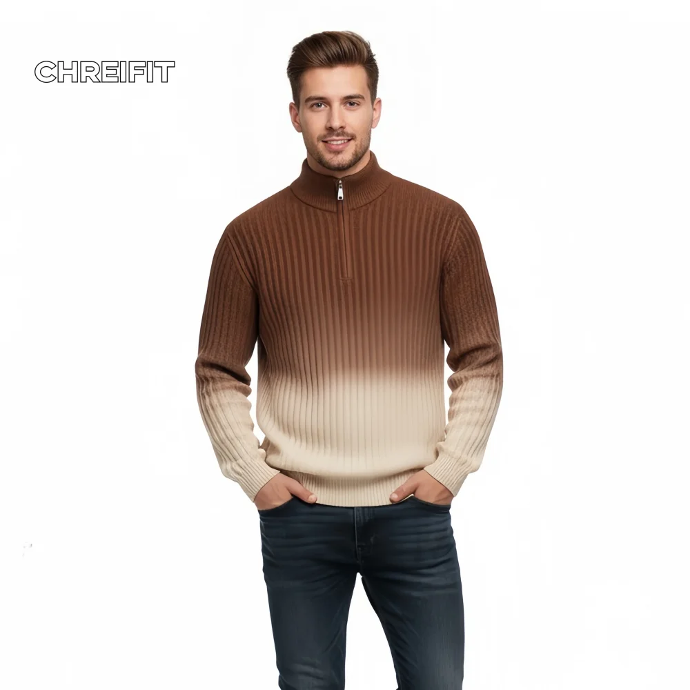 

Men's Gradient Knit Sweater 2025 Winter Fashion Half Zip Pullover Warm Ribbed Crewneck Sweaters for Men Casual Ombre Jumper