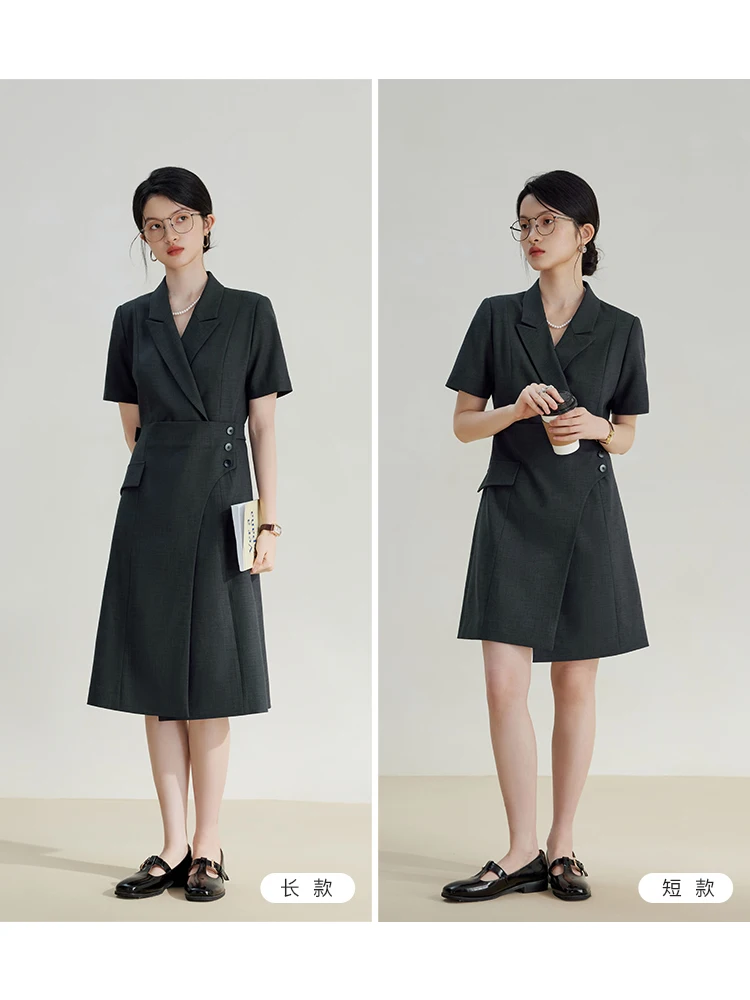 ZIQIAO 【Long Short Dress】Women Grey Summer Knee-Length Suit Dress Notched Collar Front Shoulder Office Lady Twill Dresses