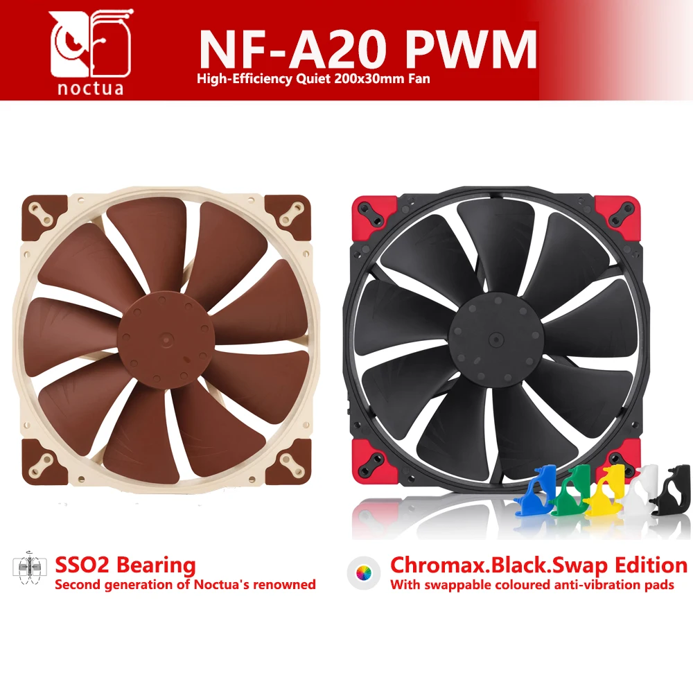 Noctua NF-A20 PWM 4Pin 12V أداء تبريد هادئ 200x200x30mm مروحة SSO2 تحمل Chromax.Black.Swap-Edition حجم 20 سم مروحة