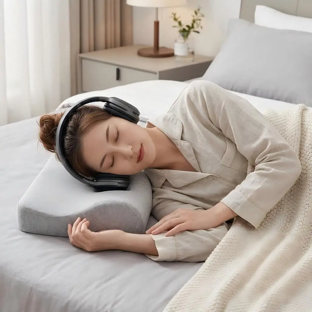Ergonomic Cutout Headphone Sleep Pillow Memory Foam Neck Support Pillow Fit Over-Ear Noise Canceling Headphones for Side Sleeper