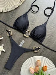 Metal Rings Halter Extreme Mini Micro Thong Bikini Female Swimsuit Women Swimwear Two-pieces Bikini Set Bather Bathing Suit Swim