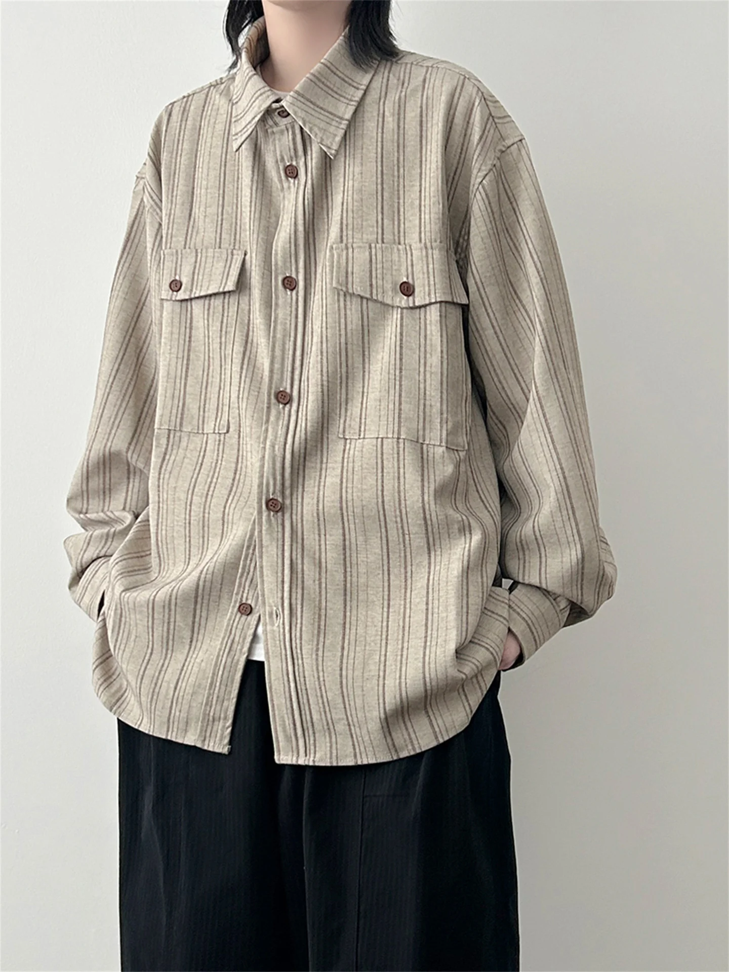 

Retro Japanese Sle Striped Men's irt Spring Autumn Loose Casual Long Sve Inner Wear Workwear ex Youth Faion