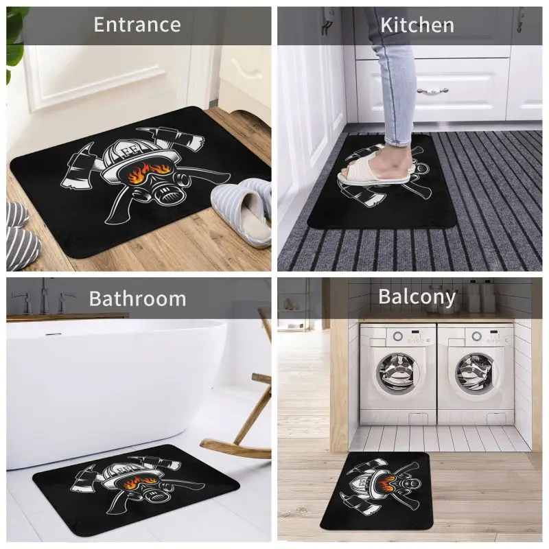 Custom Firefighter Skull Doormat Non-Slip Entrance Kitchen Bath Floor Door Mat Fireman Fire Rescue Garage Carpet Rug