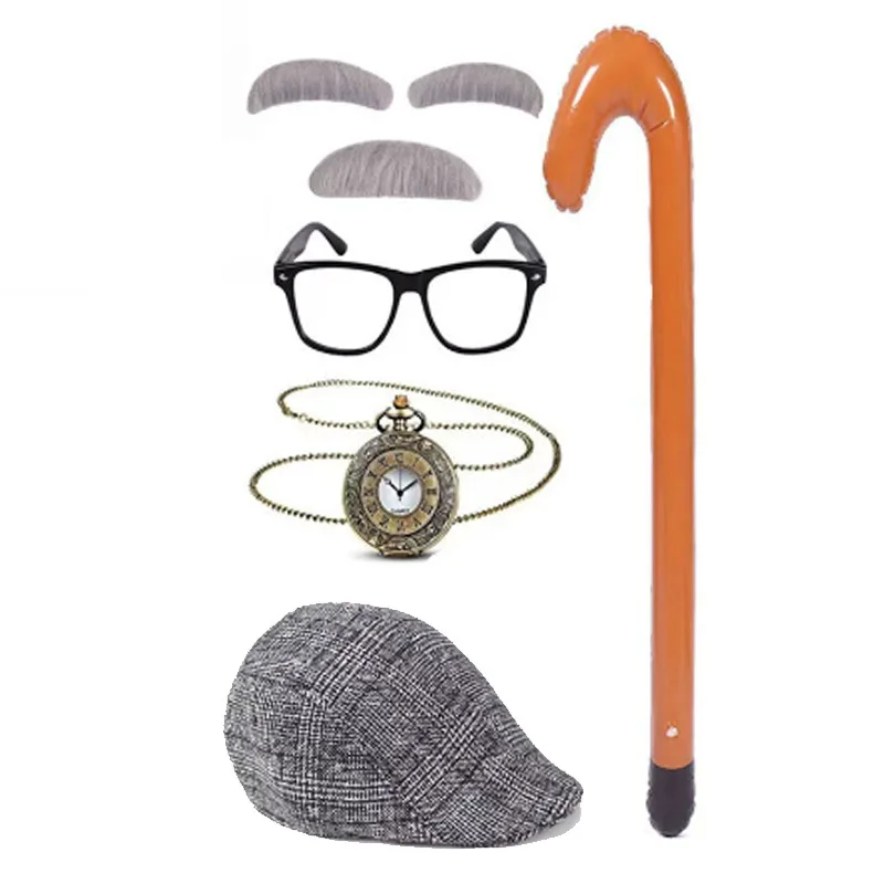 5Pcs OldMan Set Kids 100 Days of School Costume for Boys Cane+Glasse+ Faux+Eyebrows+Mustache+Hat+pocket watch for Grandpa outfit
