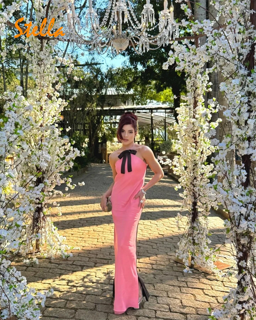 Robe De Noche sirène personnalisée en Jersey rose, élégante, col licou, sans manches, robes De soirée, occasions spéciales