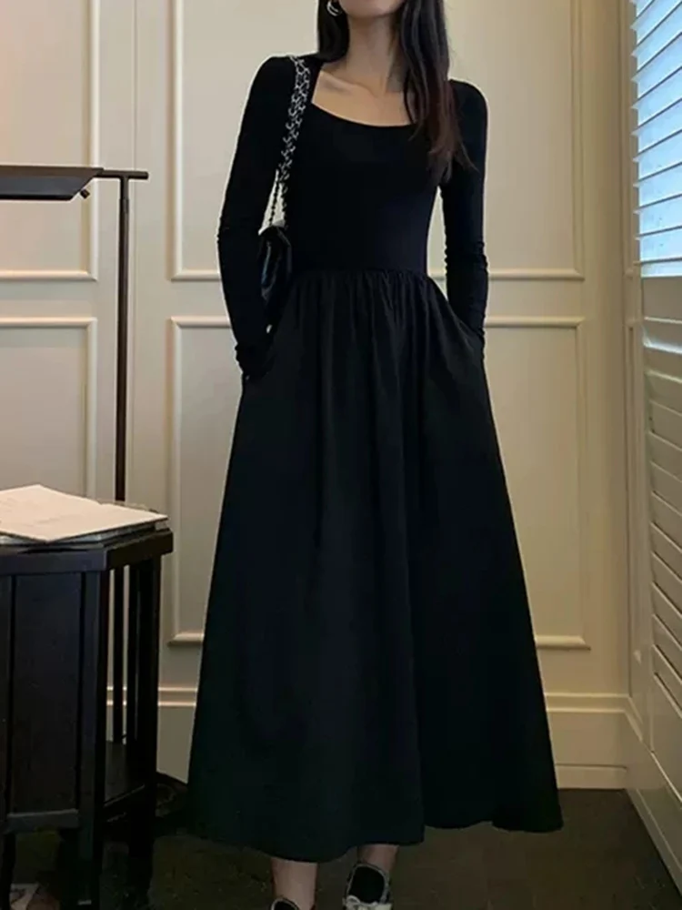 

New Retro YK2 Party Square Neck Women Long Sleeved Dress Autumn Korean Office Women's Casual Pocket Slim Fit Medium Length Dress