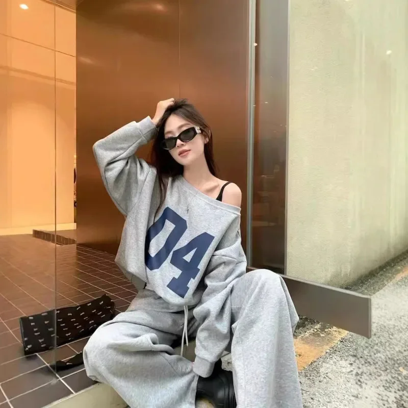 Korean Style Letter Printed Long Sleeved Top Set Autumn Sloping Shoulder Spicy Girl T-shirt Set Casual Cotton Wide Leg Pants Set