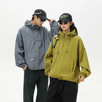 Man Trench Coat Man  New Japanese Style Outdoor Trend Waterproof Hooded Half Zip Unisex Design for Daily Wear Long Men´s Coats