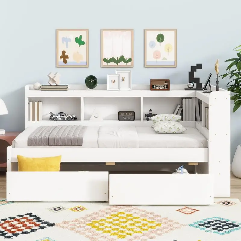 Cama de estante dupla em forma de L com tomadas, portas USB e 2 gavetas, acabamento branco