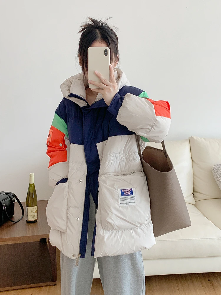 Winter Jacket Women Fashion Hooded Patchwork Down Jackets Pocket Loose Casual 90% White Duck Down Coat Thick Warm Parkas Female