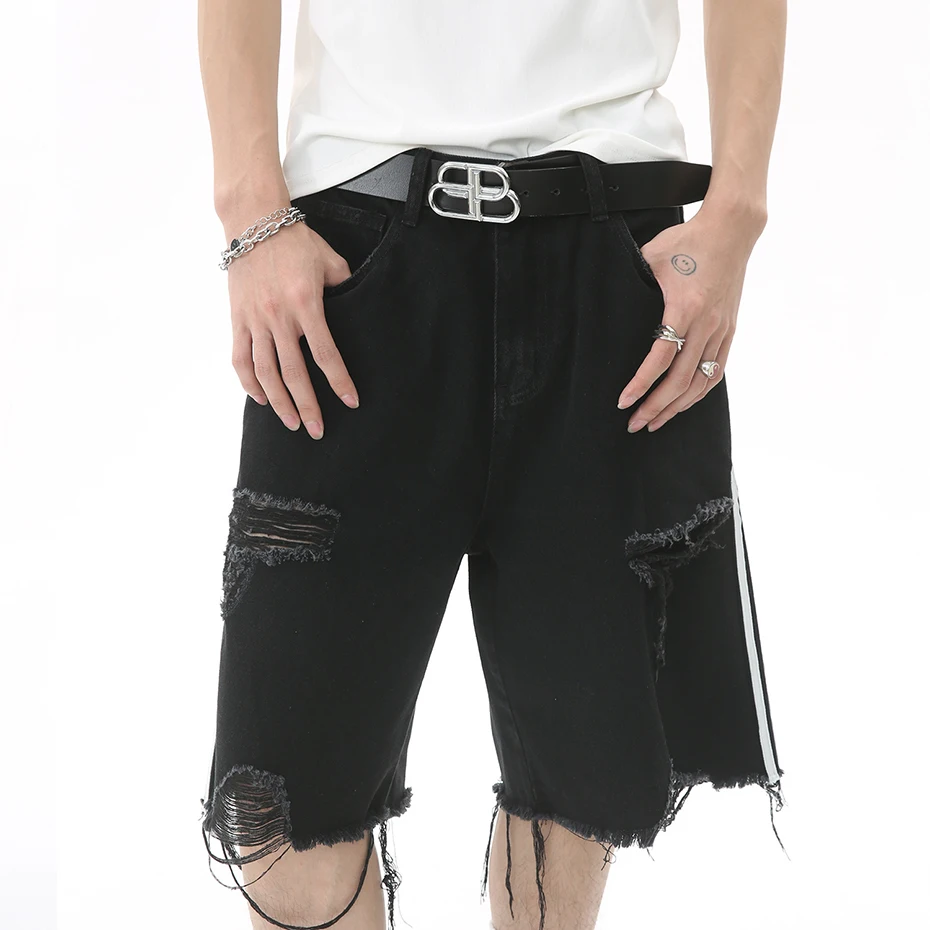 Side Striped Ripped Denim Shorts Fashion Distressed Tassel Black Jeans Shorts Men Summer Streetwear Harajuku Hip Hop Y2K Shorts