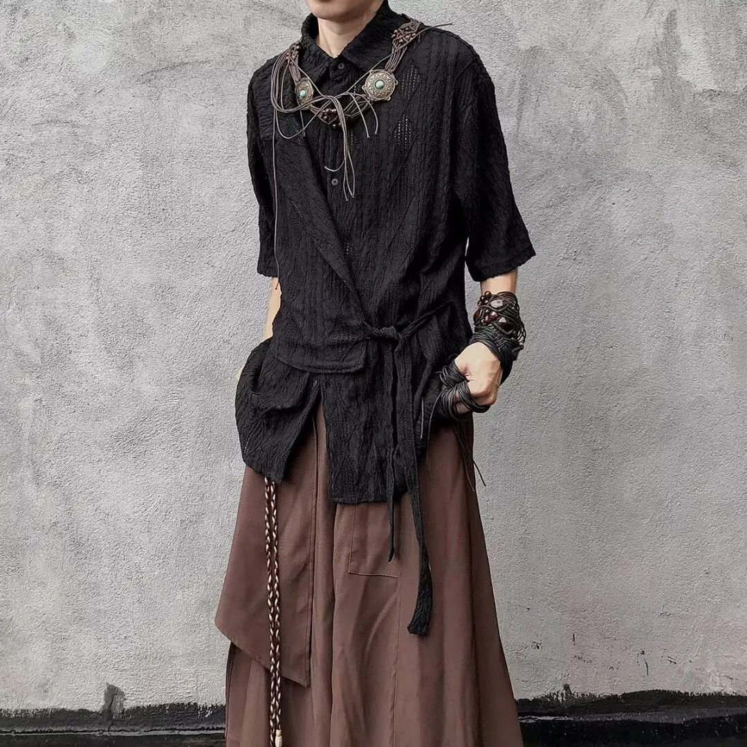 Vintage Men Dark Style  Out Short Sleeve Shirt Vintage Lace Up Design Style Casual Tops Streetwear Retro Cleanfit Fashion Trend