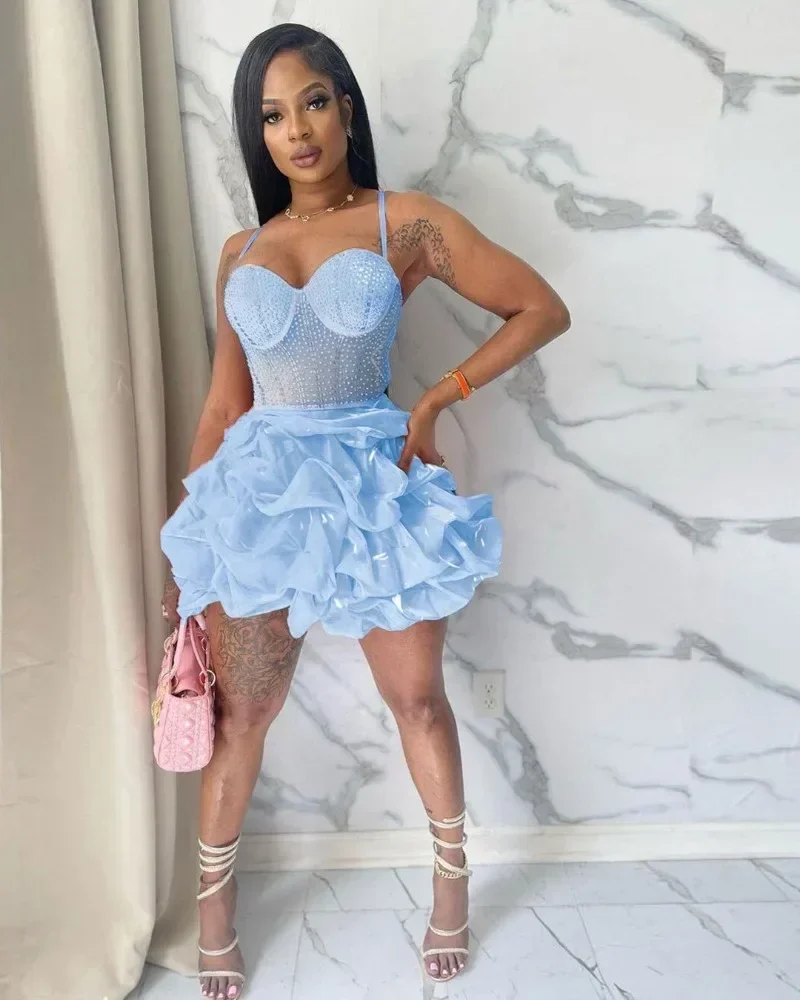 GUWU Diamonds Rhinestone Birthday Dress for Women Luxury  Mesh Sheer Patchwork Night Club Party Prom Short Dresses Christma