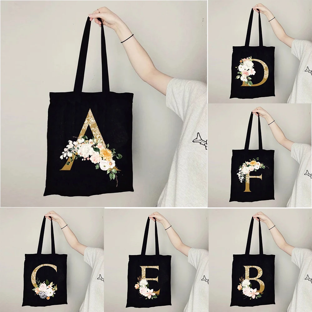 حقيبة كتف قماشية مطبوعة بالزهور بحروف ذهبية حقيبة كتف عصرية مخصصة للتسوق اليومي والتنقل المدرسي #1