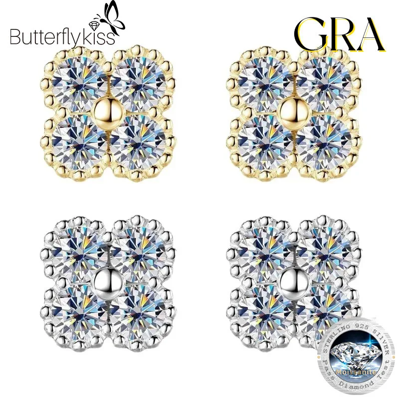 

Butterflykiss 2025 модные серьги-гвоздики с четырьмя клеверами и муассанитом, стерлинговое серебро 925 пробы, ювелирные изделия для ушей для женщин, 3 мм, лабораторные бриллианты, подарки