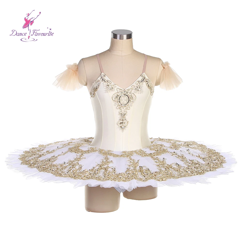 

Dance Favourite Ballet Tutus BLL537 Ivory Spandex Bodice Pre-professional Ballet Tutu With White Still Tulle Tutu Gold Trim