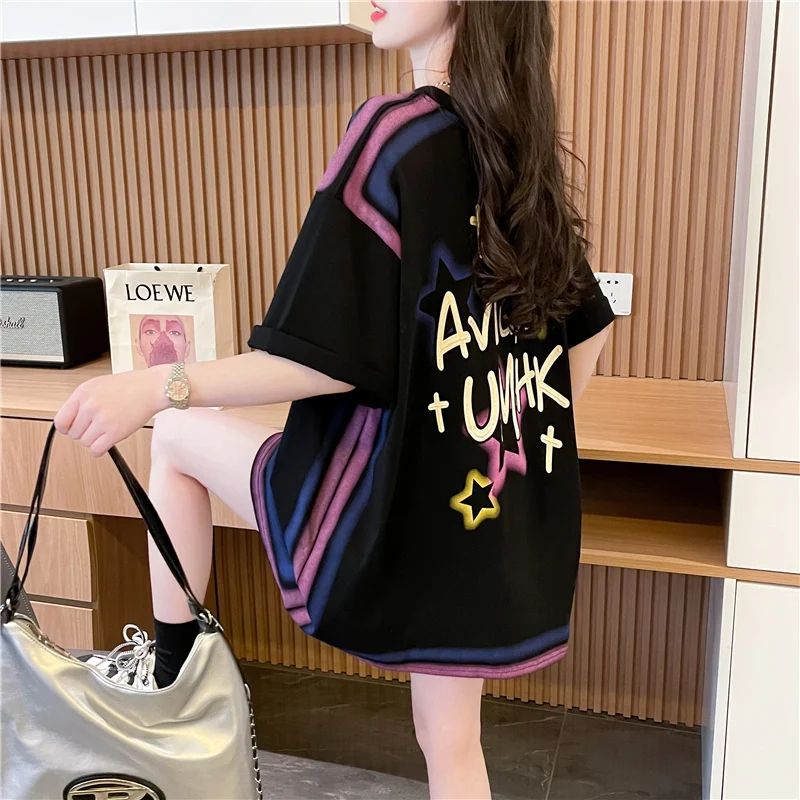 Mid-length Round Neck Graffiti Short Sleeve T-shirt for Women Loose Streetwear Women Graphic Tees Y2k Top