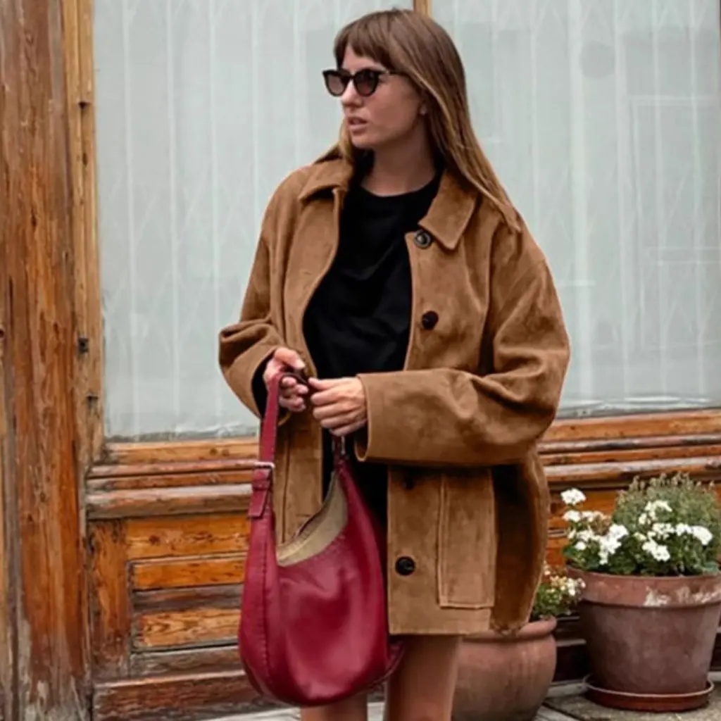 Women's Vintage Brown Suede Lapel Jacket Coat Loose Thickened Mid-Length Winter Fashion Outerwear