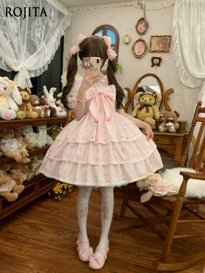 

Jelly Girl Original Sweet Print Pink Lolita Dress Women 2025 New JSK Cute Style Summer Dress Bow Sleeveless Dress