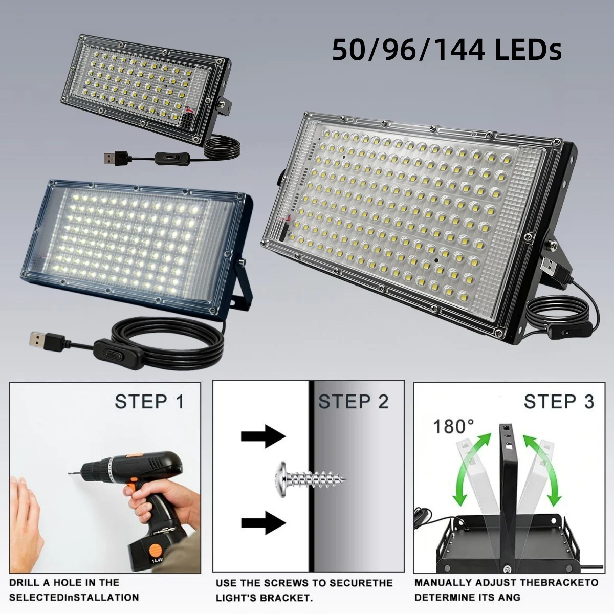 50/96/144 LED Flood Light 5V USB, White Light 6000K, USB Plug, Plug and Play, with 66.9 Inch Power Cord and Switch, Indoor Ligh