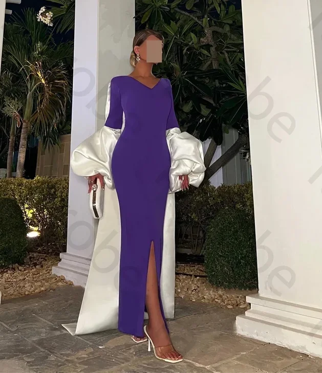 Robes De Soirée violettes élégantes personnalisées, châle blanc, Robe De bal formelle arabe, col en V, manches bouffantes