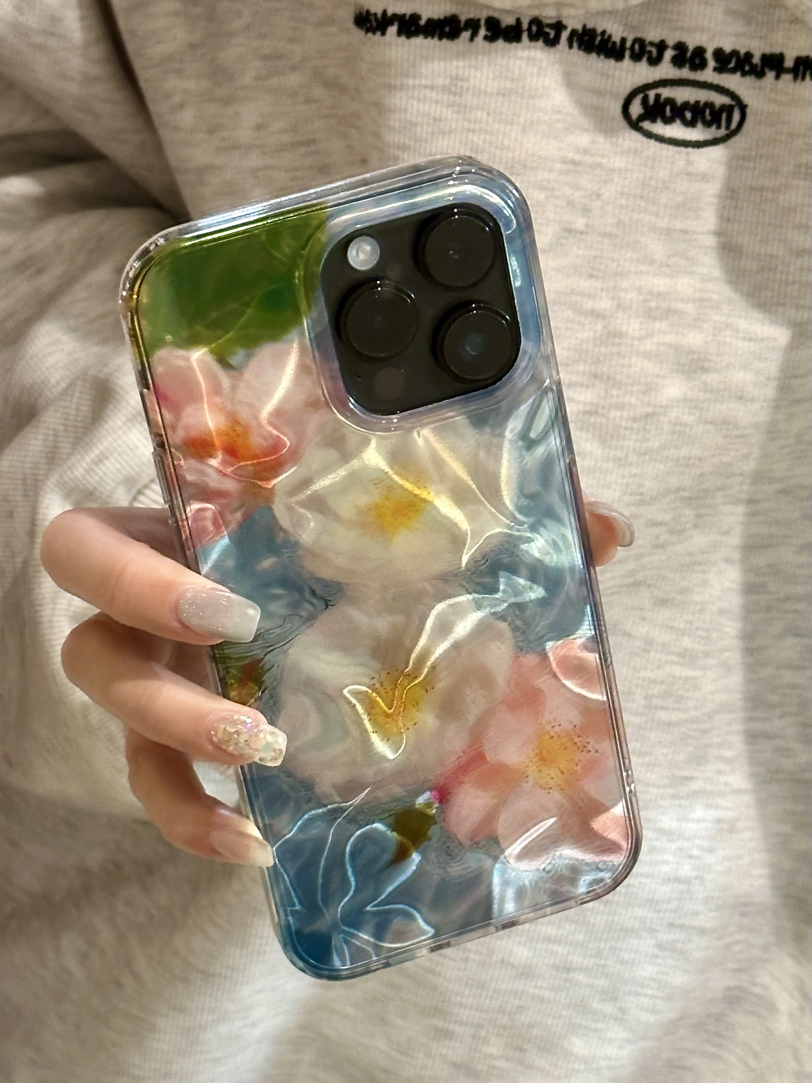 Illusory Color Dazzling Laser Water Ripple Pink White Flower Floral Cover Case For iPhone 16 15 14 13 12 Pro Max Shockproof Case