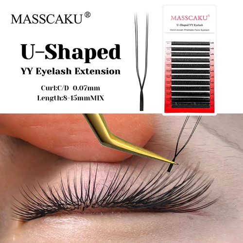 MASSCAKU U forma YY pestañas postizas 8-15mm mezcla C D Curl doble punta extensión de pestañas pestañas individuales hechas a mano al por mayor