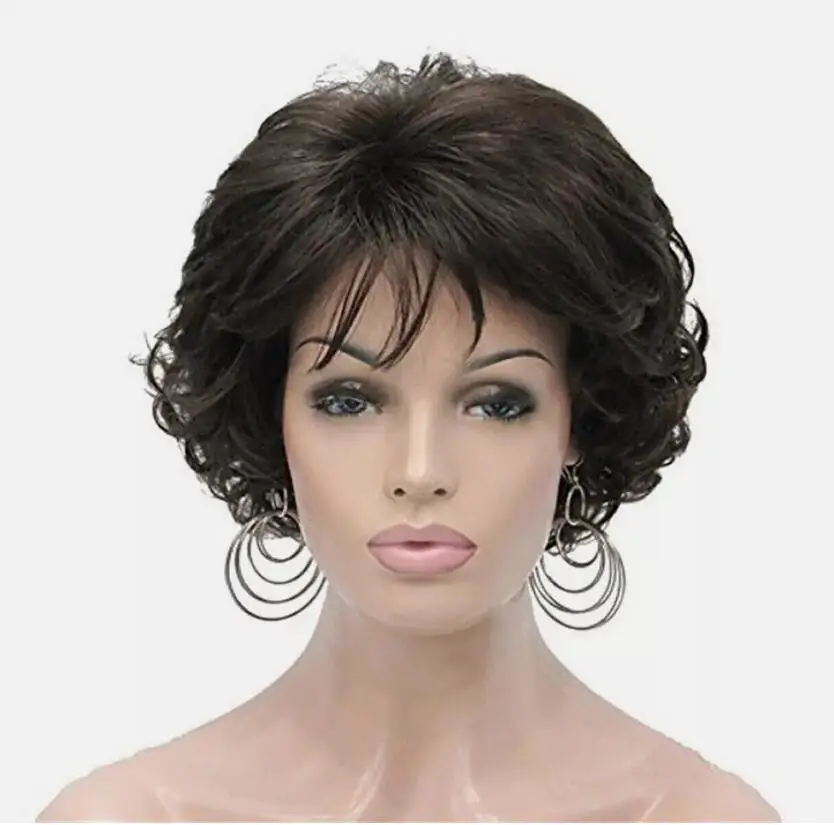 Short Curly Wavy Wig with Hair Bangs Synthetic Fashion Brown Hair Wigs for Women