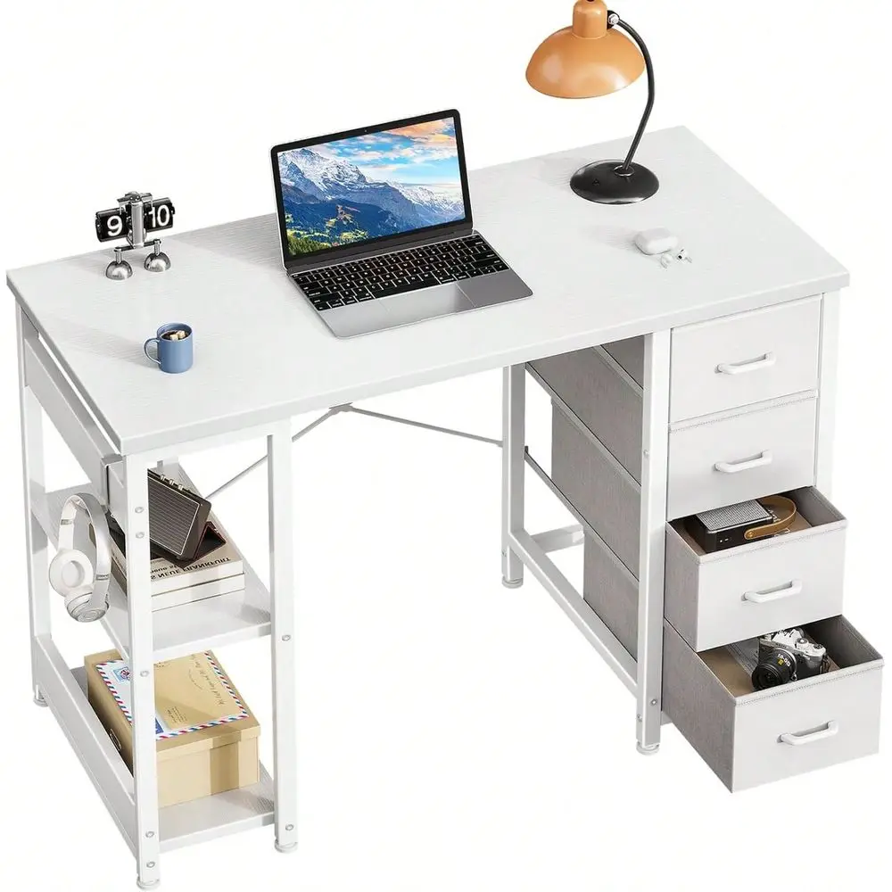 

Inch Small Computer Desk With 4 Fabric Drawers, Modern PC Desk For Small Spaces, Home Office Desk With Storage Shelves, White