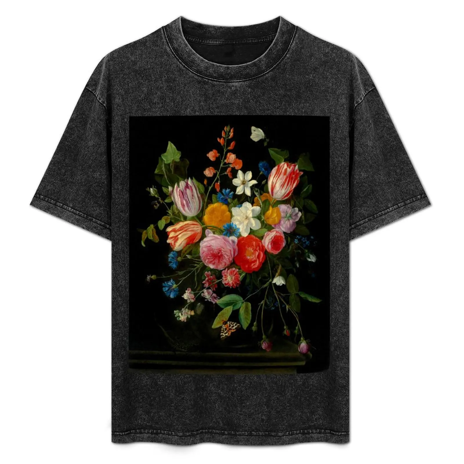 Camiseta con diseño de tulipanes, peonías, achicoria, claveles, flor de cerezo y otras flores de la Época Dorada holandesa (Barroco) de Jan van Kessel de Oude
