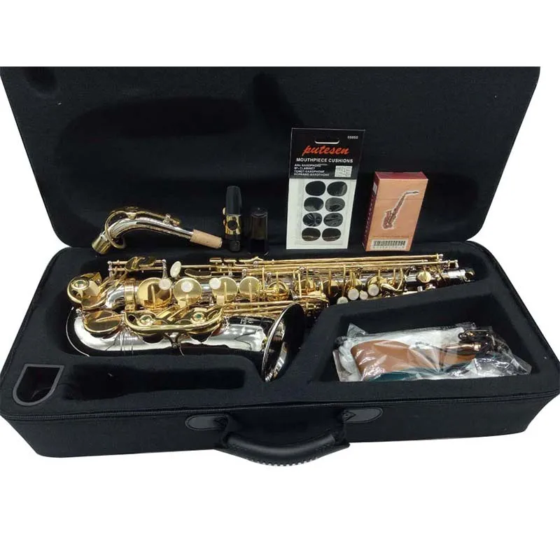 

Professional Alto Saxophone A-9937 WO37 Nickel Plated Gold Key Sax Alto Musical Instruments Included Case Mouthpieces