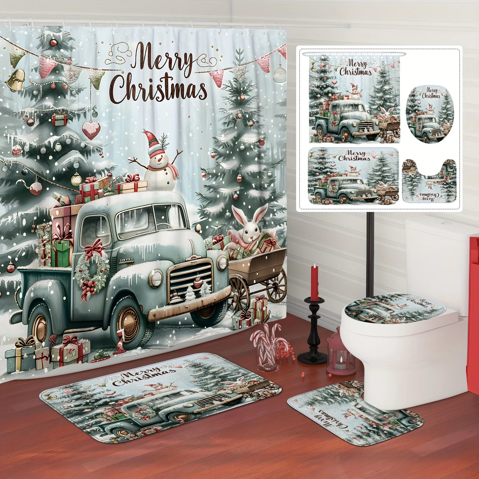 

Рождественский душевой набор из 4 предметов — кролик-снеговик, 12 крючков, нескользящий коврик, U-образная крышка, рождественский и зимний декор для ванной комнаты