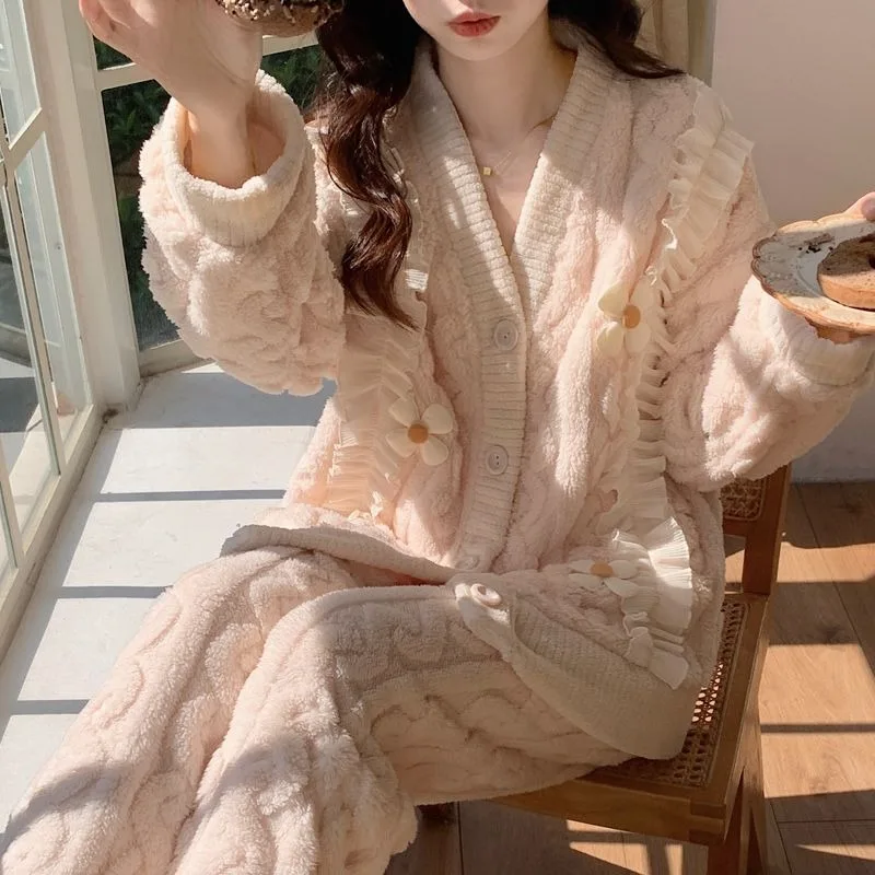 2023 Autumn Winter New Women Pajamas Coral Fleece Thicken Warm Two-Piece Suit Loose Casual Home Wear Fashion V-neck Nightclothes