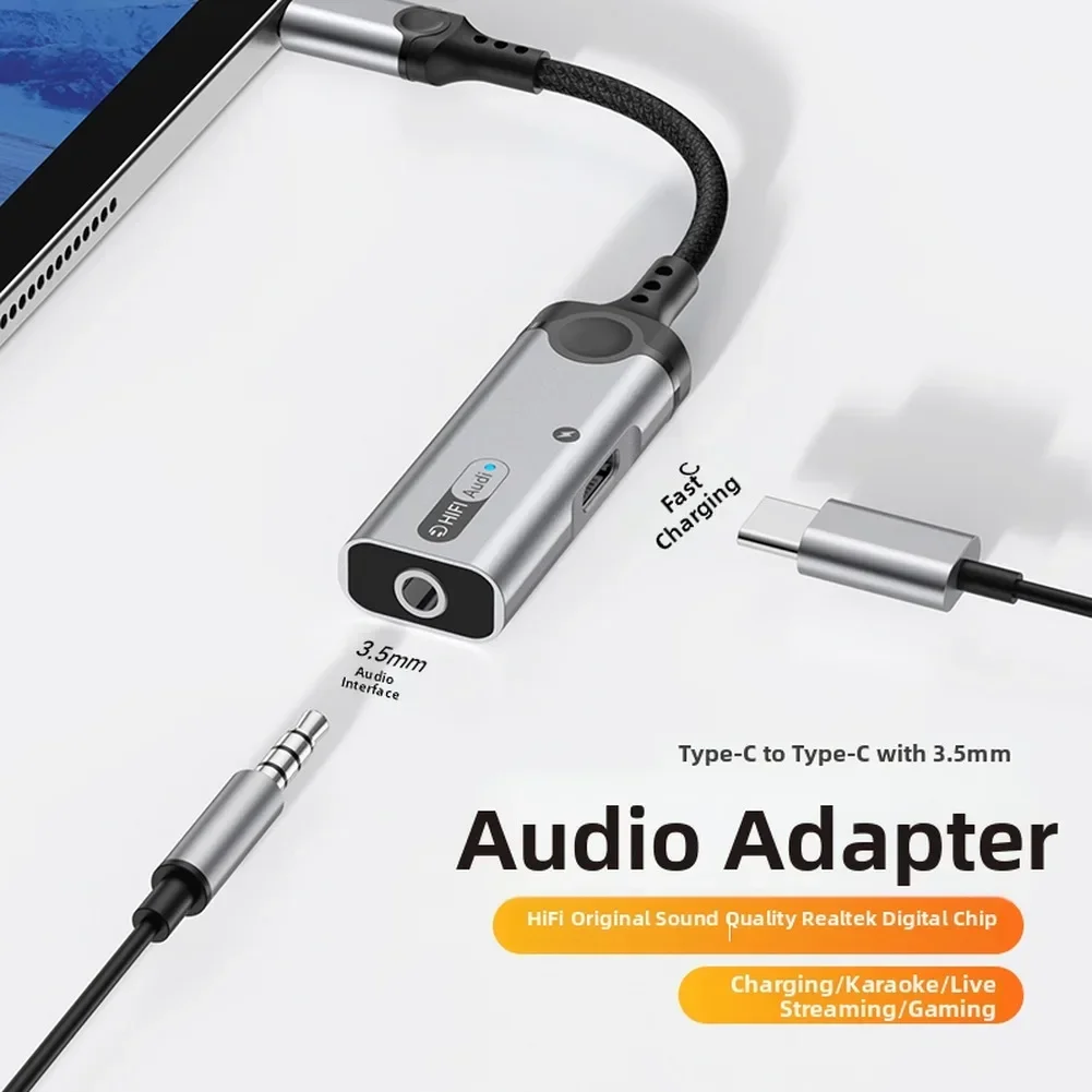 

USB C To 3.5mm Headphone Adapter With 60W Fast Charging PDQC And LED Indicator For Type C Devices Silver Nylon Cable