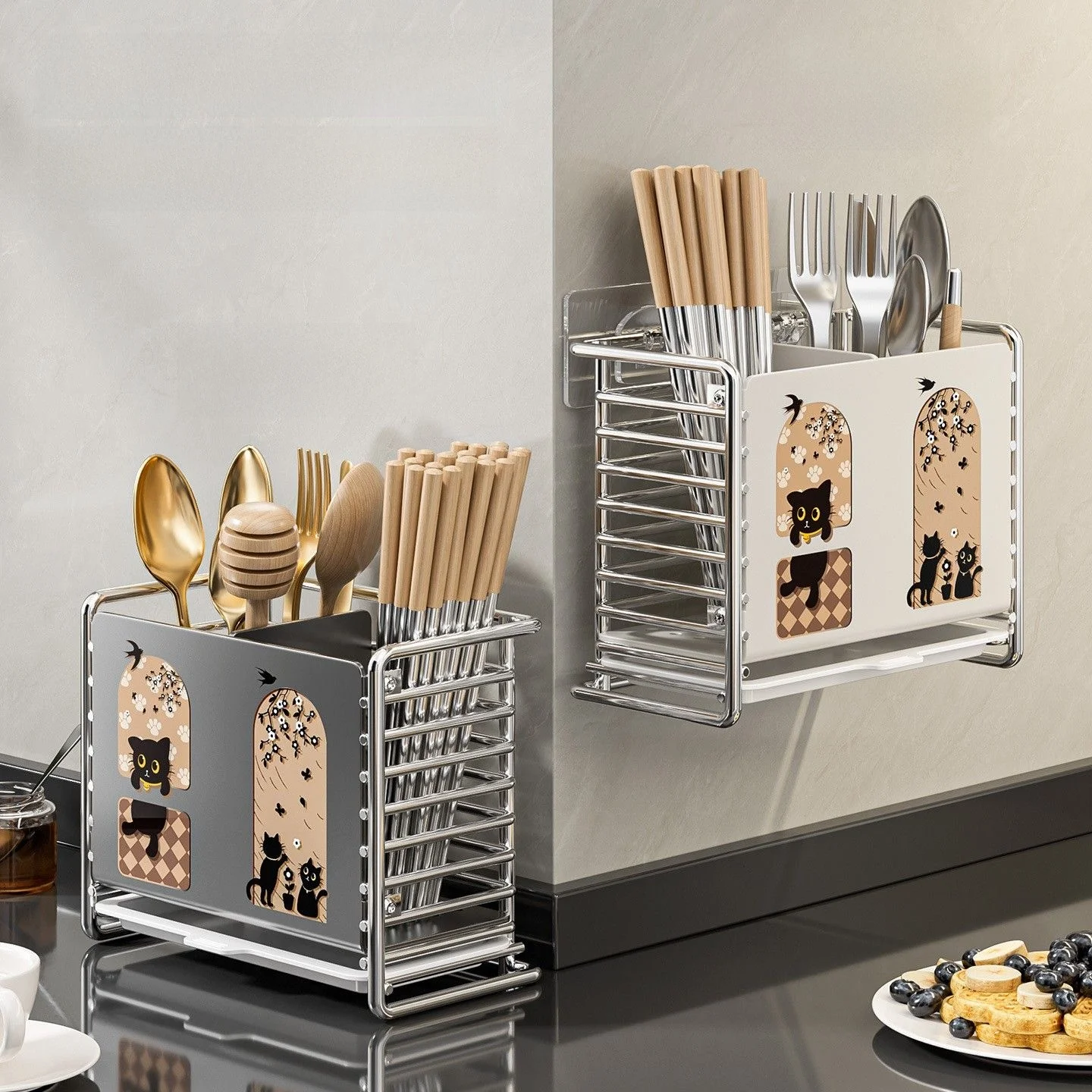 Suporte de Armazenamento de Cozinha em Aço Inoxidável Estilo Vintage, Montado na Parede, Organizador de Utensílios para Uso D...