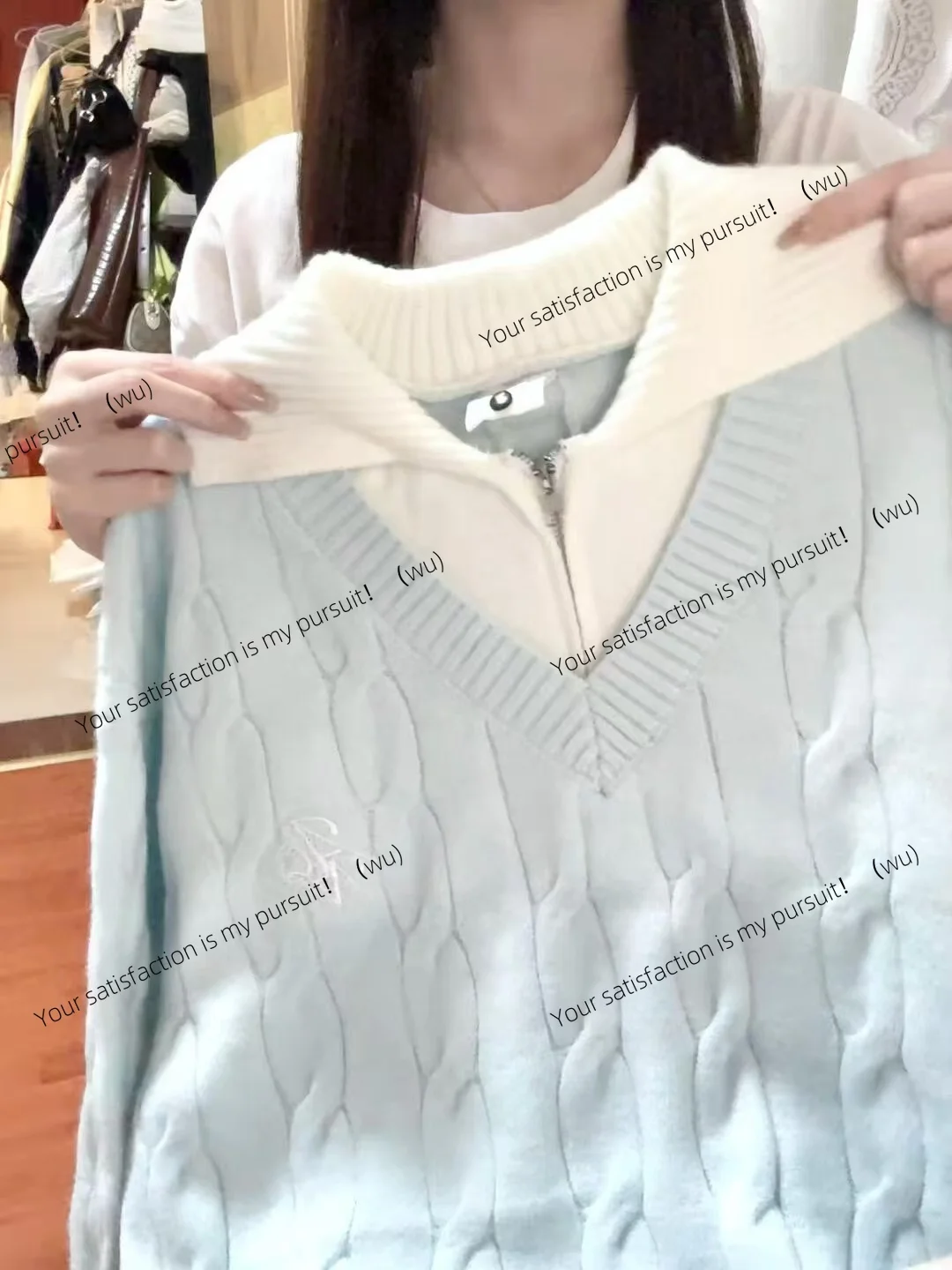 

Синий искусственный двухсекционный свитер с лацканами, женский осенне-зимний свободный утолщенный модный вязаный свитер в ленивом стиле