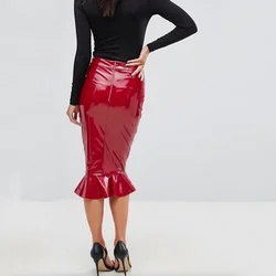 Sexy Faux Latex Hobbel Rokken Vrouwen Glanzend Pu Lederen Ruches Midi Rokken Dames Stretchy Bodycon Lange Rok Clubwear Nieuwe Custom