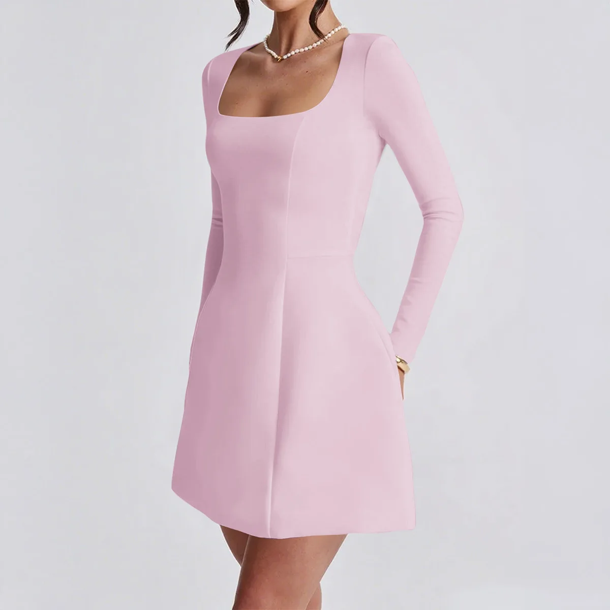 กระโปรงทรงเอเข้ารูปเอวสูงผ้าถักโพลีเอสเตอร์สำหรับฤดูใบไม้ร่วงและฤดูหนาว