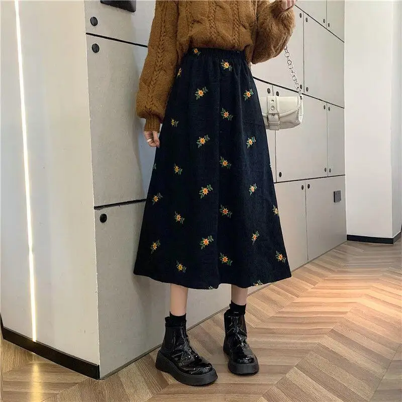 

Girl Corduroy Skirt Autumn and Winter New Model High Waist Mid-Length Floral A Embroidery Fashion Long Skirt Dopamine New Hot