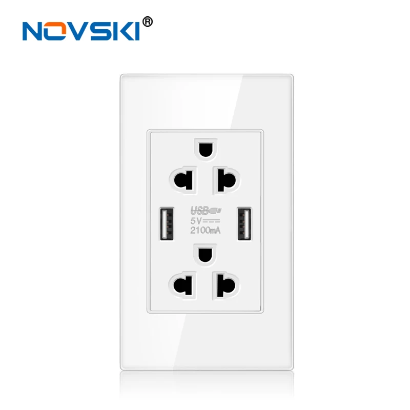 NOVSKI 2.5D Glass White Wall Socket Multi-Function,15 Amp US Standard Socket Duplex Receptacle, 110v-127v-250v Adaptable