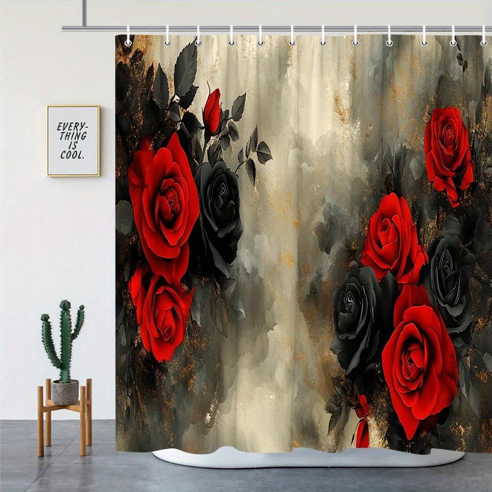 

Занавеска для душа с красными и черными розами — драматический цветочный дизайн для смелой и элегантной ванной комнаты, идеально подходит для романтических помещений