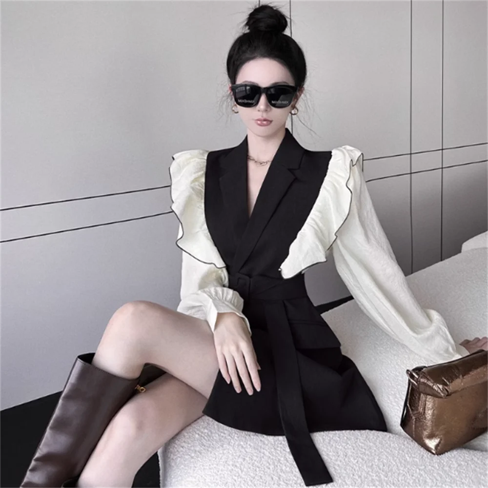 

New Double breasted splicing Lapel waist- dress for women slim suit.