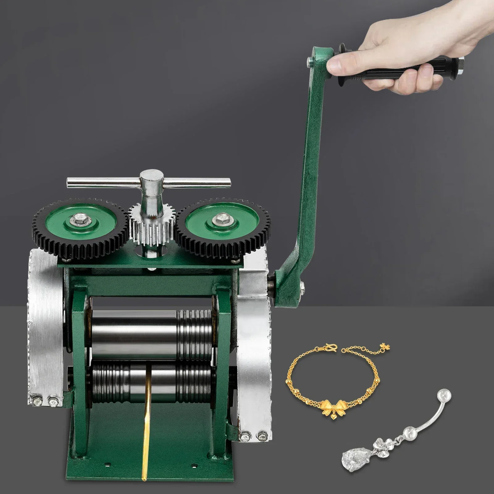 

Portable 3 In 1 Manual Jewelry Rolling Mill Machine 120 mm Adjustable Press Thickness for Gold Silver Copper Aluminum, Green