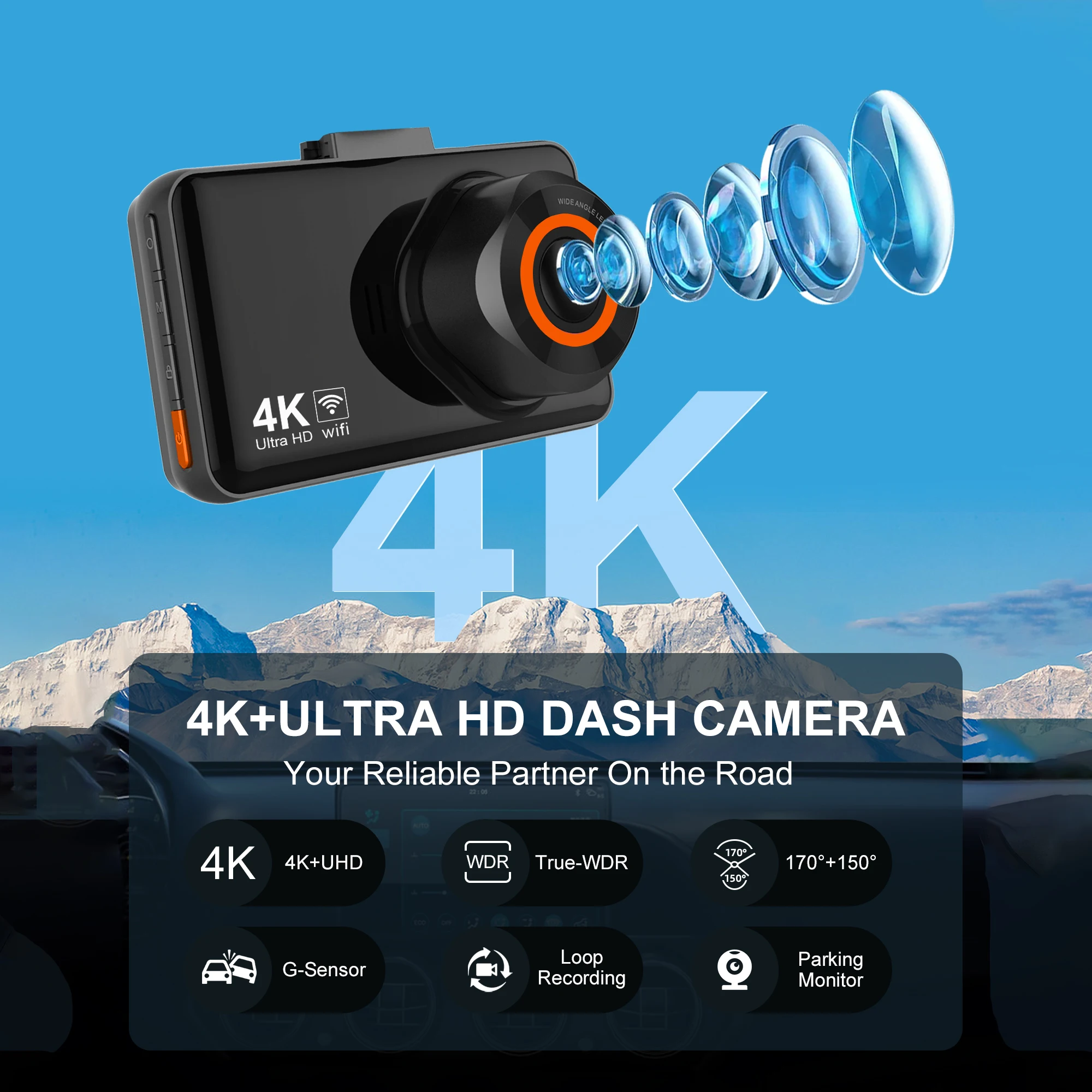 KQQ 4K WiFi Dash Cam สําหรับรถยนต์ด้านหน้าและด้านหลัง Dual เลนส์ Auto Dashcam Time-lapse วิดีโอ Wifi ในตัวสนับสนุน 24H ที่จอดรถ