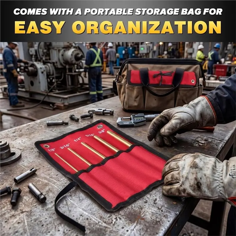 B08B-For DIY Automotive Brass Punch Set, 5 Sizes Precision-Brass Drift Non-Marring Roll Pin Punch Storage Bag