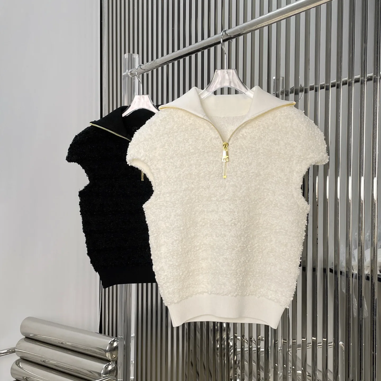 2026 Spring New Arrival Fluffy Textured Metal Zipper Short-Sleeved Top | Half-Zip Stand Collar Gold Accent Chic Office Casual To