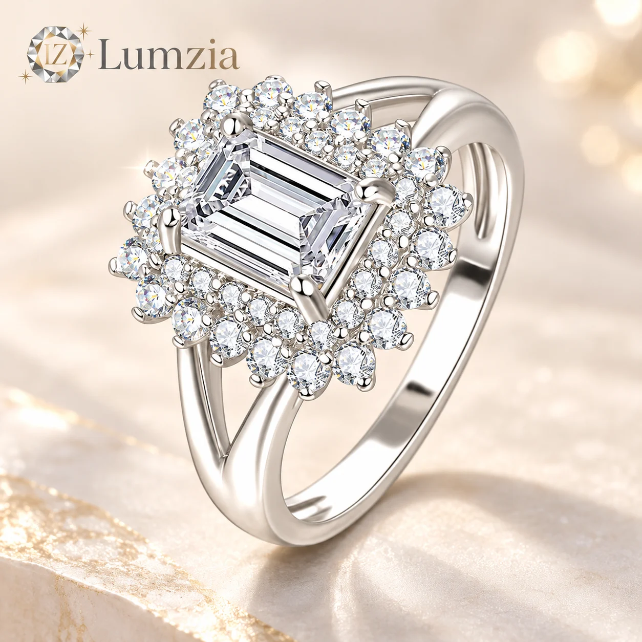 1.5CT 5A Cubic Zirconia Emerald Cut Ring Split Shank Halo Pave Plated Copper K White 14K Golden Gift for Women