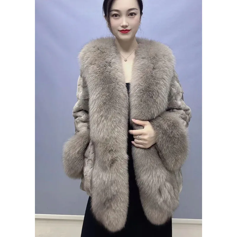 New Winter High end Mink Fox Fur Grass Coat Women's Mid length Women's Fur Coat 2024