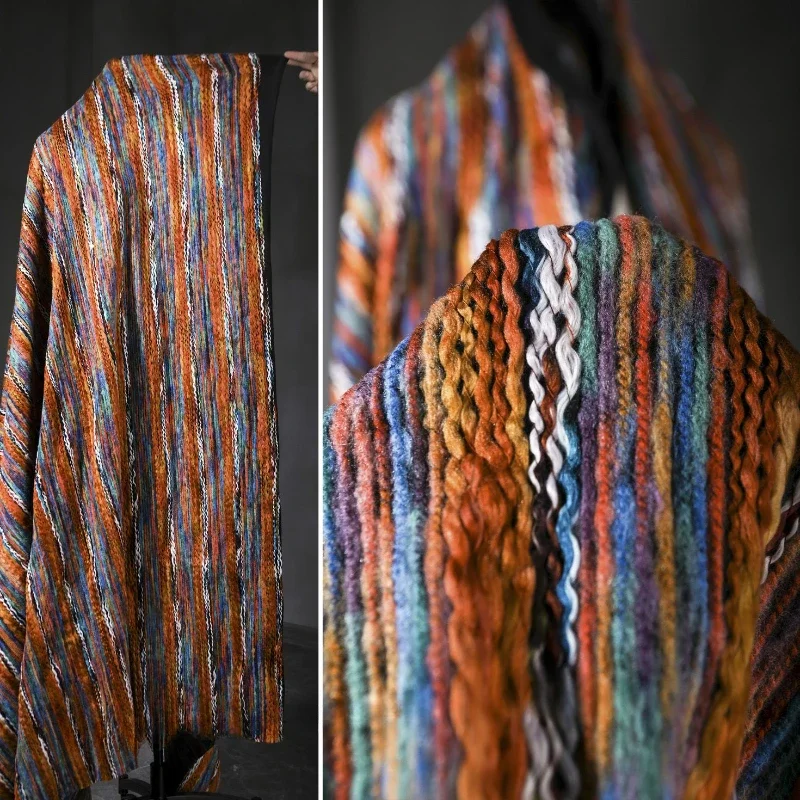 Orange Blue Contrast Small Fried Dough Twists Knitting Color Thick Thick Stripe Knitting Texture Clothing Designer Fabric