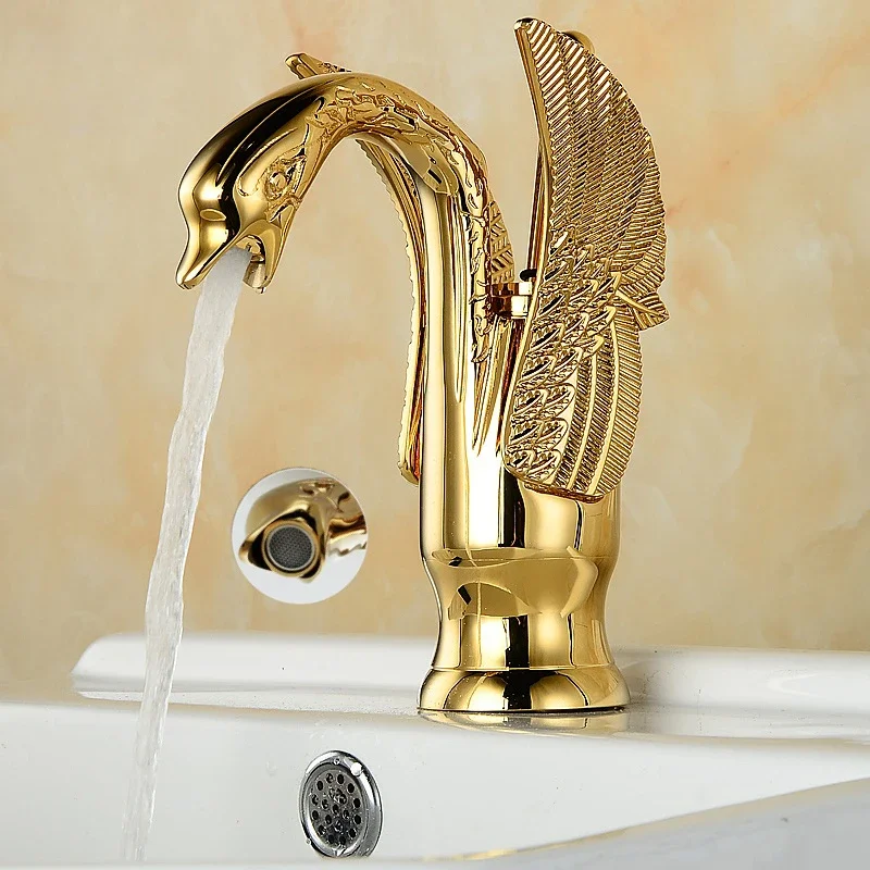 Luxury Golden Swan Shape Vintage Faucet Brass Bathroom Basin Sink Faucet Hot Cold Watet Tap Chrome Elegant Mixer Taps